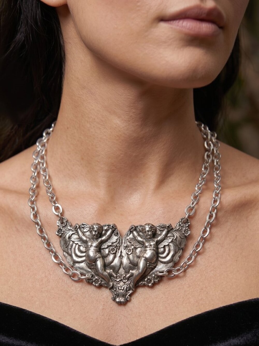 Cherub Angel Necklace Victorian Silver Repoussé Cupid Angels Choker